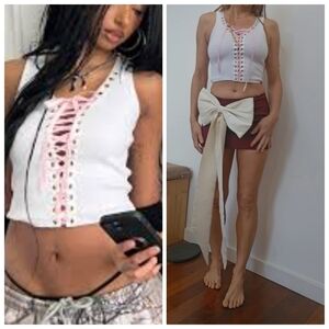 Named Collective Tiktok Chrome Hearts White Lace Up Ribbed Tank Top S